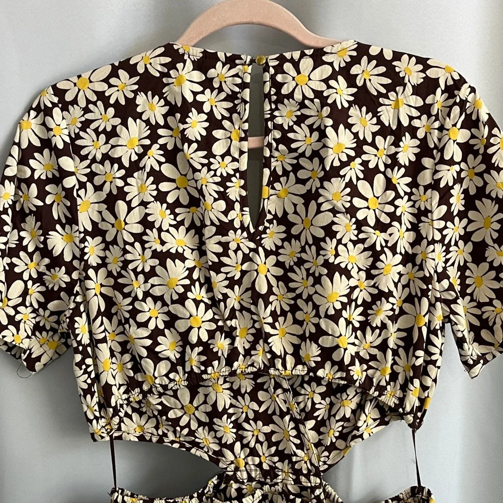Indulge In Style Brown Daisy Floral Cut-Out Mini Dress Womens Large V-Neck Retro